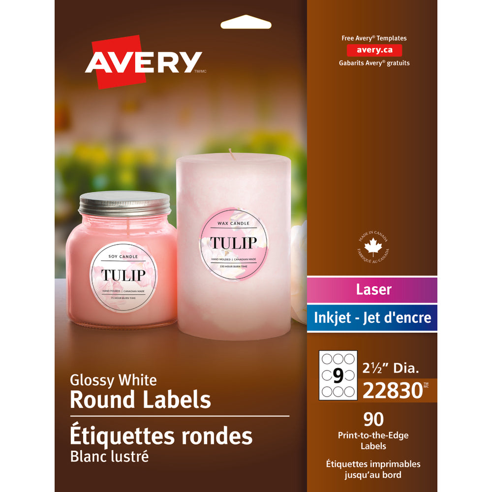 Avery Glossy White Round Labels, 2-1/2" Diameter, 90 Pack (22830)