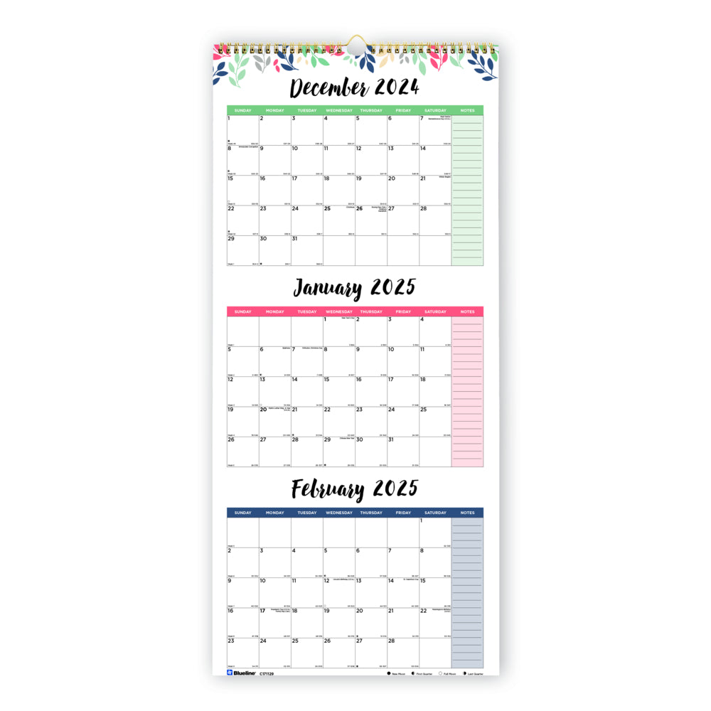 Blueline 2025 Leaves 3-Month Wall Calendar 14 Months - 12-1/4" x 27" - English