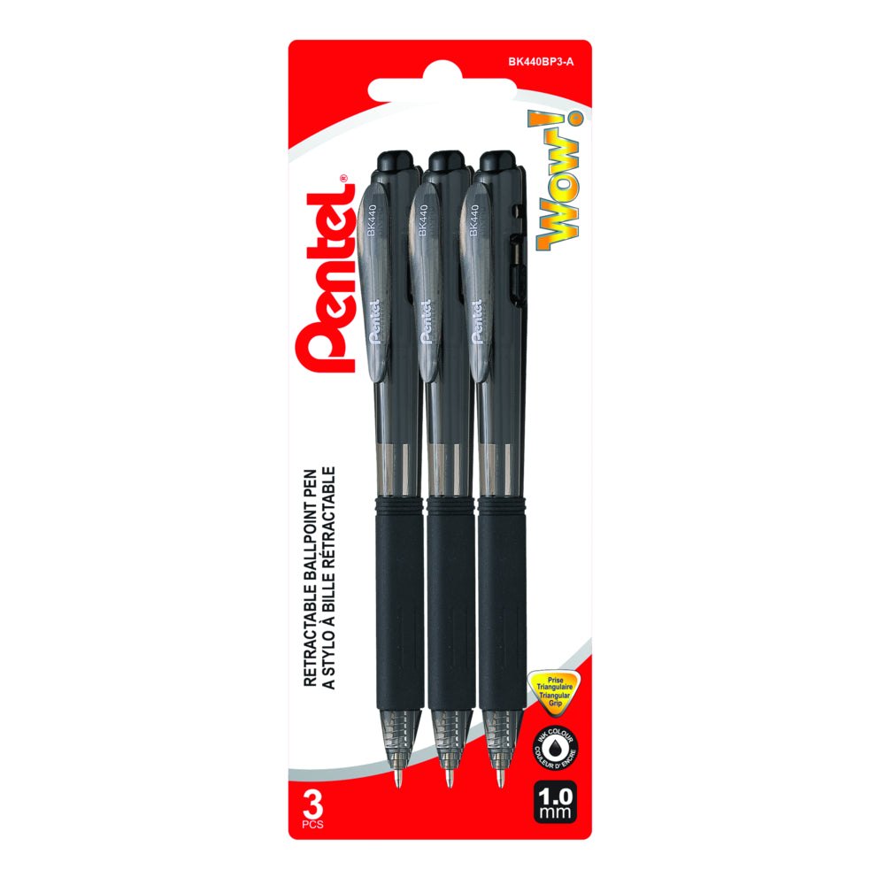 Pentel Wow! Retractable Ballpoint Pen - 1.0mm Medium Tip - Black Ink - 3 Pack