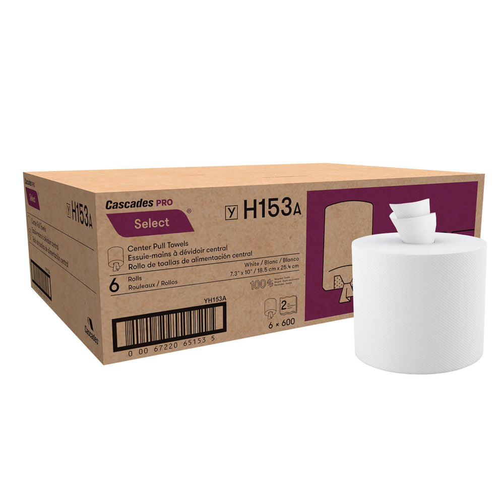 Essuie-tout Cascades PRO Select 2 épaisseurs à dévidage central - 600 feuilles/rouleau - Blanc - Paquet de 6