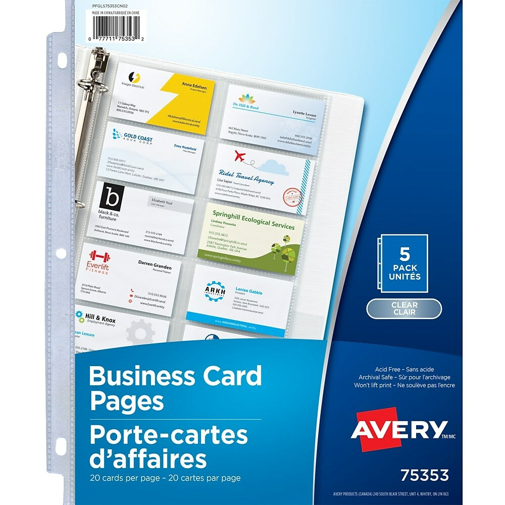 Pages de cartes de visite Avery, transparentes, paquet de 5 (75353)