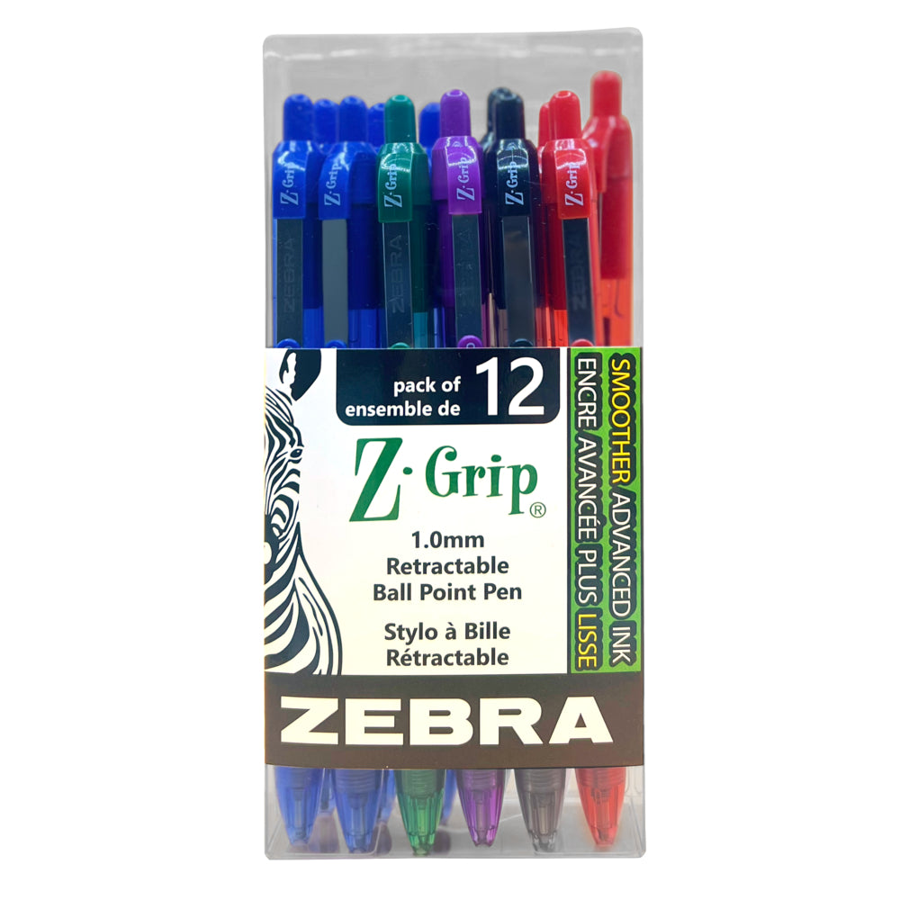 Stylos à bille Zebra Z-Grip, rétractables, pointe de 1,0 mm, assortis, lot de 12