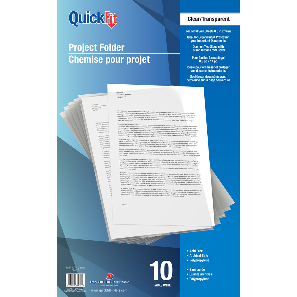 Chemises de projet QuickFit en polypropylène - Format légal - Transparentes - Paquet de 10