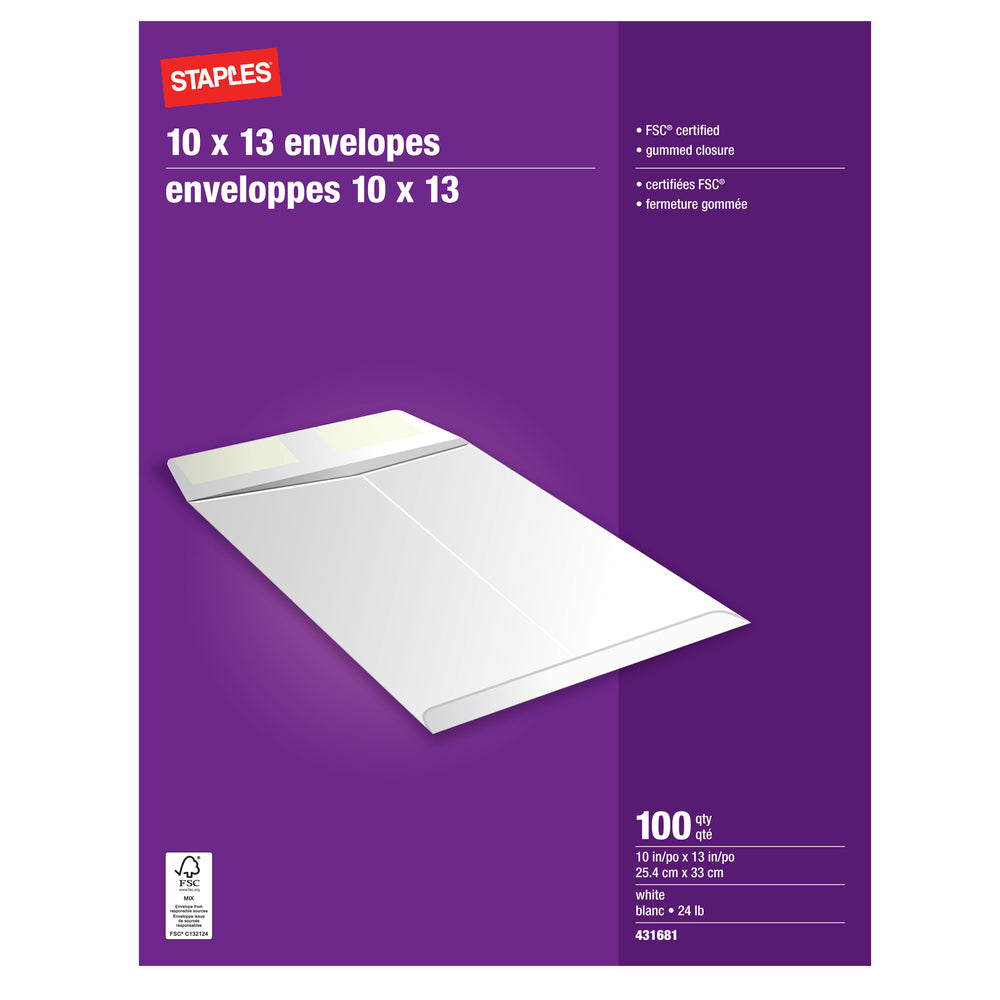Staples Gummed White Catalogue Envelopes - 10" x 13" - 100 Pack