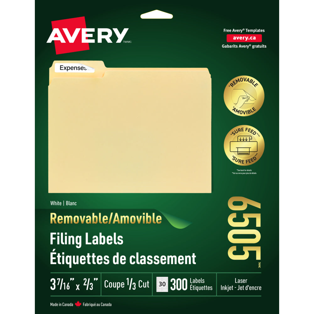 Étiquettes de classement amovibles blanches Avery pour imprimantes laser/jet d'encre, 3-7/16" x 2/3", paquet de 300 (06505)
