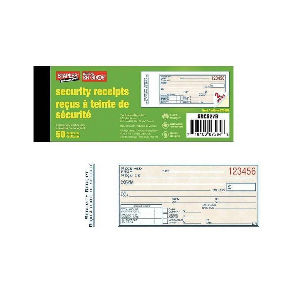Staples Bilingual Security Receipt Book - 50 Duplicates - 2" x 8"