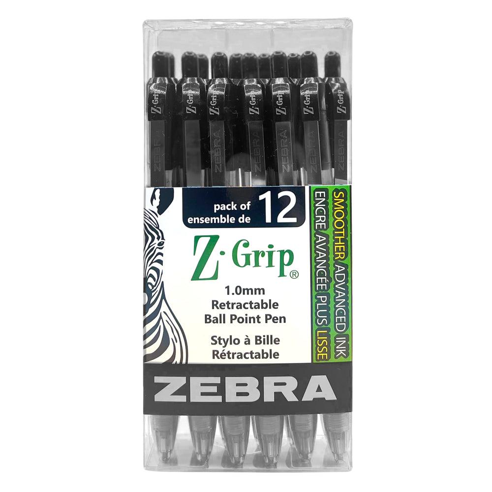 Zebra Z-Grip Retractable Ball Point Pens - Black - 12 Pack