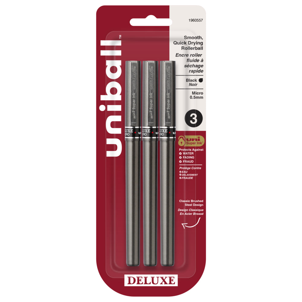 uni-ball Deluxe Rollerball Pens - Micro Point (0.5mm) - Black - 3 Pack