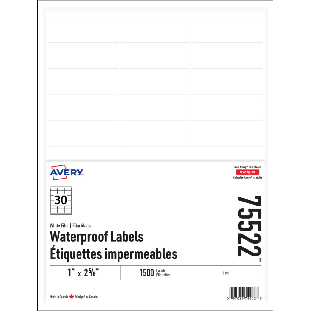 Avery Waterproof Labels - 1" x 2.575" - 1500 Pack