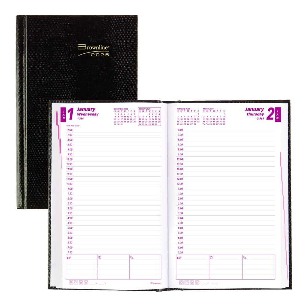 Brownline 2025 Daily Planner Perfect Binding Rigid Lizard-like Cover - 8" x 5" - Black - English