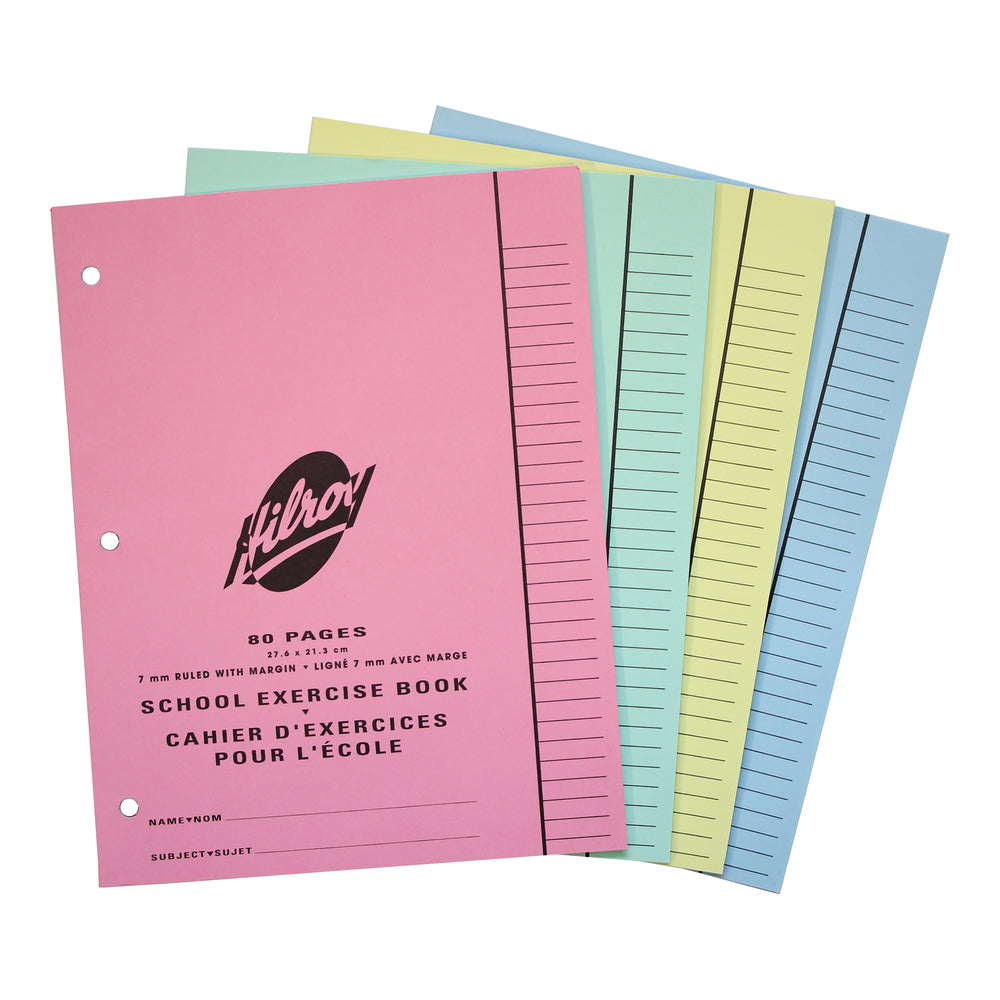 Hilroy Stitched 3-Hole Exercise Notebooks - Ruled (7mm) - 8.5" x 11" - 80 Pages - 40 Sheets - Assorted Colours - 20 Pack