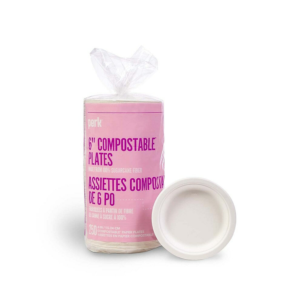 Assiettes en papier compostables Perk - 6 po - Blanches - Paquet de 250
