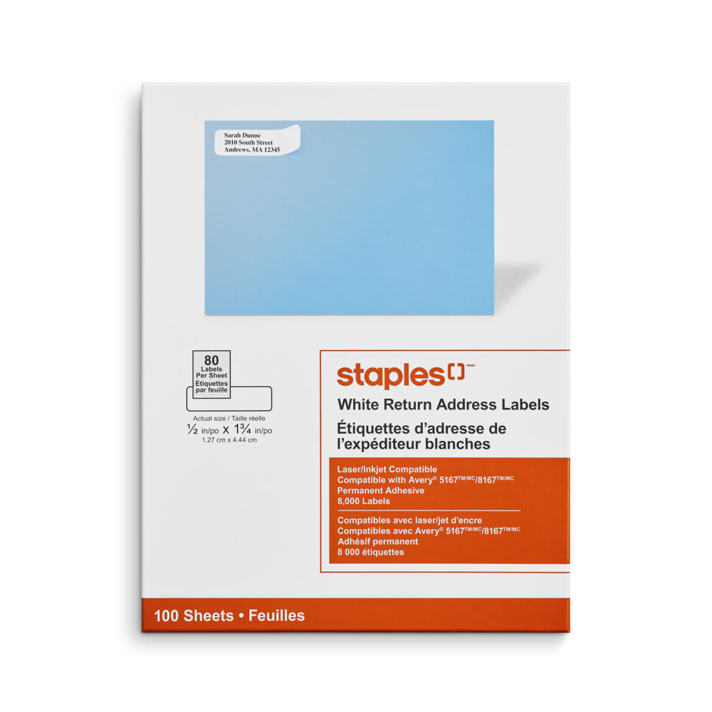 Staples White Return Address Labels for Inkjet/Laser Printers - 1/2" x 1-3/4" - 8000 Pack