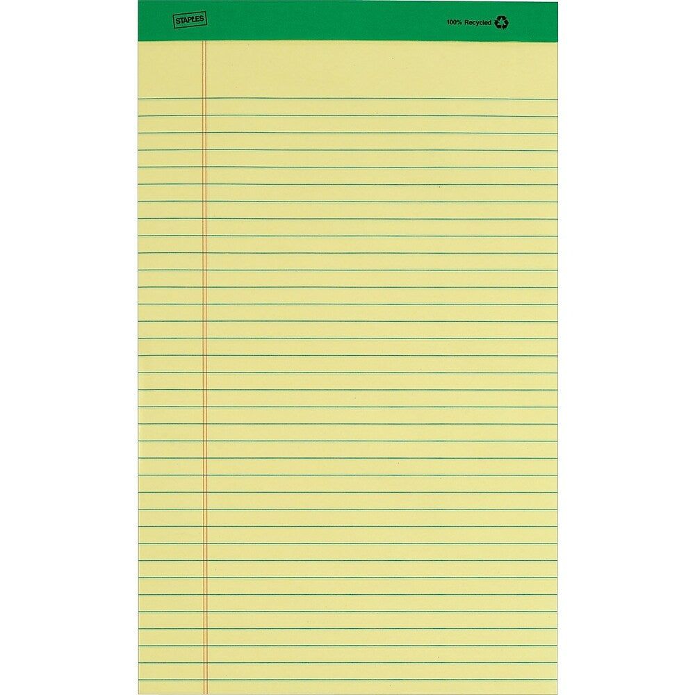 Bloc de papier Staples 100 % recyclé - 8-1/2" x 14" - Papier à lettres large - Canari - 50 feuilles - Paquet de 12