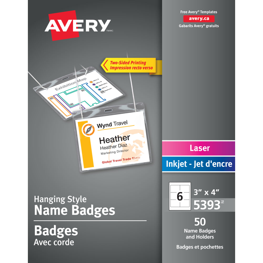 Kit de badges nominatifs laser/jet d'encre Avery de style convention - 3" x 4" - Paquet de 50