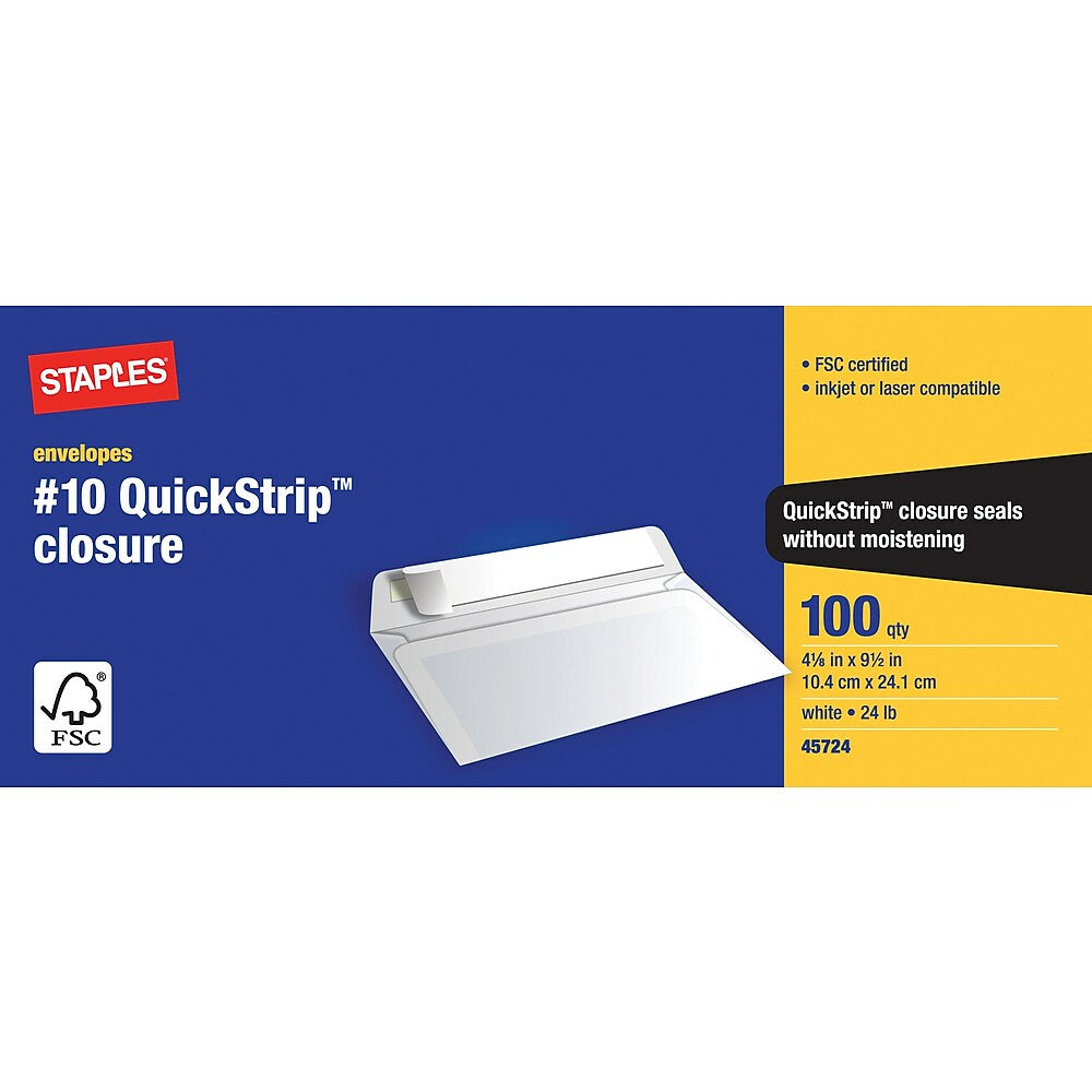 Enveloppes Staples Laser/Jet d'encre n° 10 avec rabat QuickStrip - 4-1/8" x 9-1/2" - Blanches - Paquet de 100