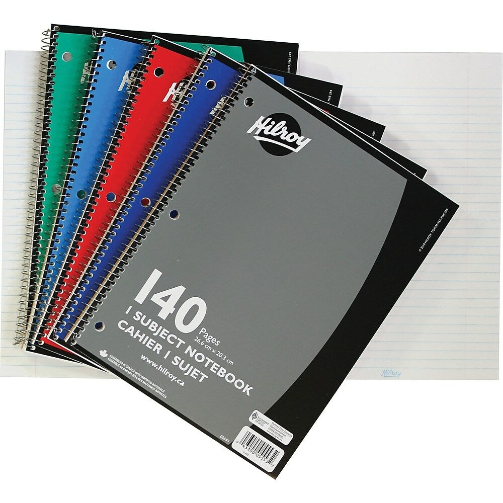Hilroy 1-Subject Notebook, Coil, 7mm College Ruled Sheets, 10-1/2" x 8", Assorted Colours, 140 Pages