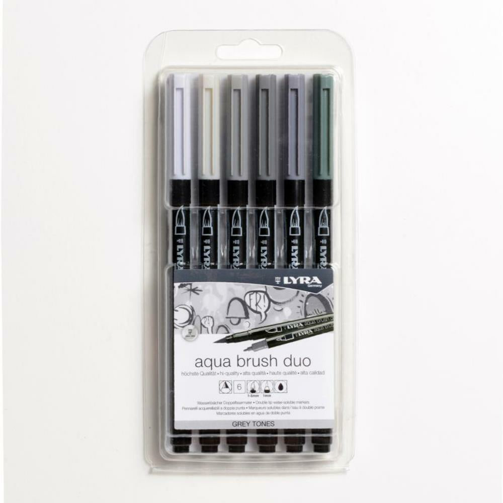 LYRA Aqua Brush Duo, Set, Assorted Grey Tones Water-soluble Marker Pens, 6
