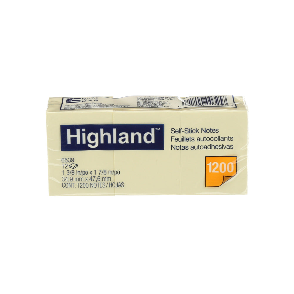 Notes autocollantes Highland - Jaune - 34,9 mm l x 47,6 mm L (1-3/8 po l x 1-7/8 po l) - 12 blocs par paquet - 100 feuilles par bloc
