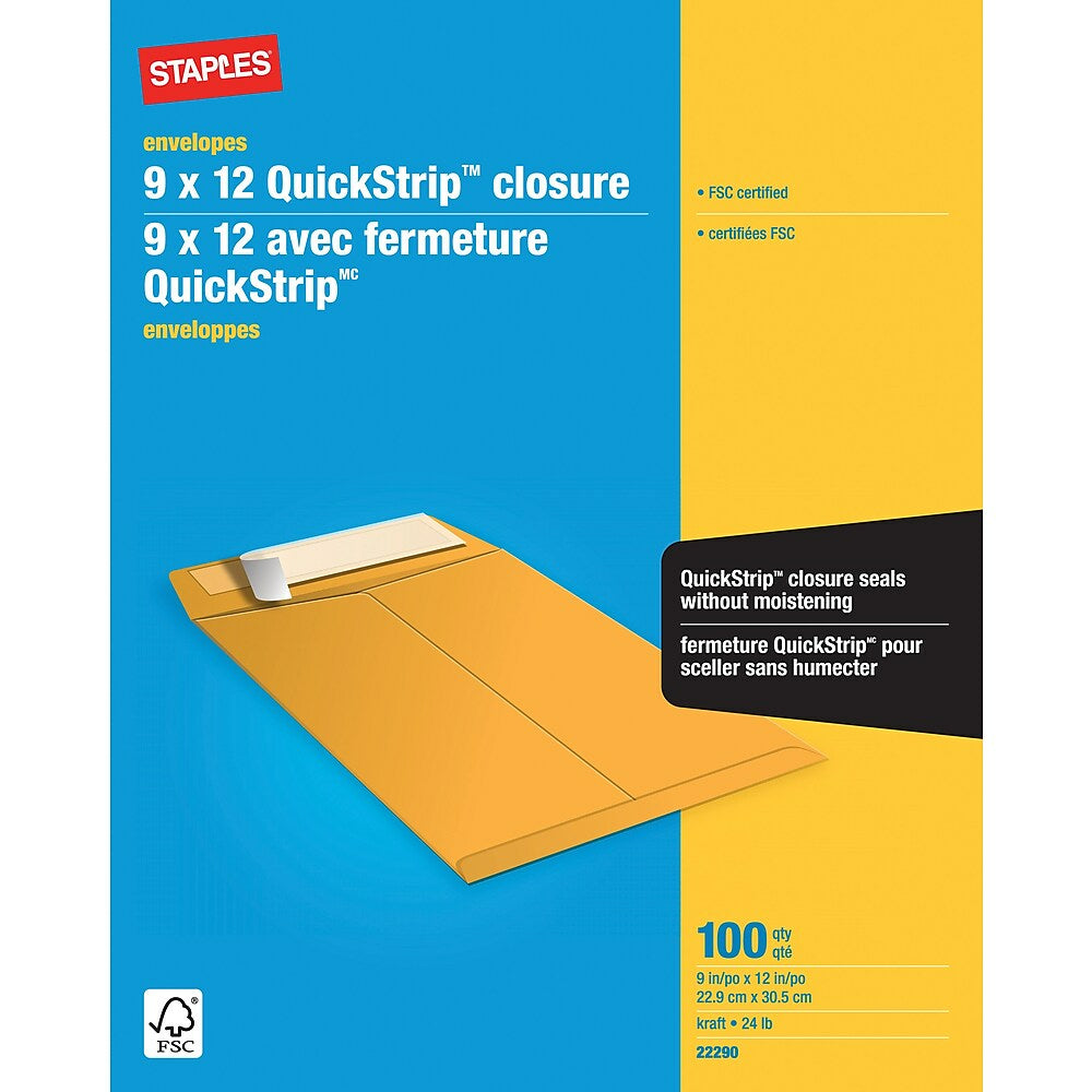 Enveloppes pour catalogue Staples Kraft avec fermeture QuickStrip - 9" x 12" - Marron - Paquet de 100