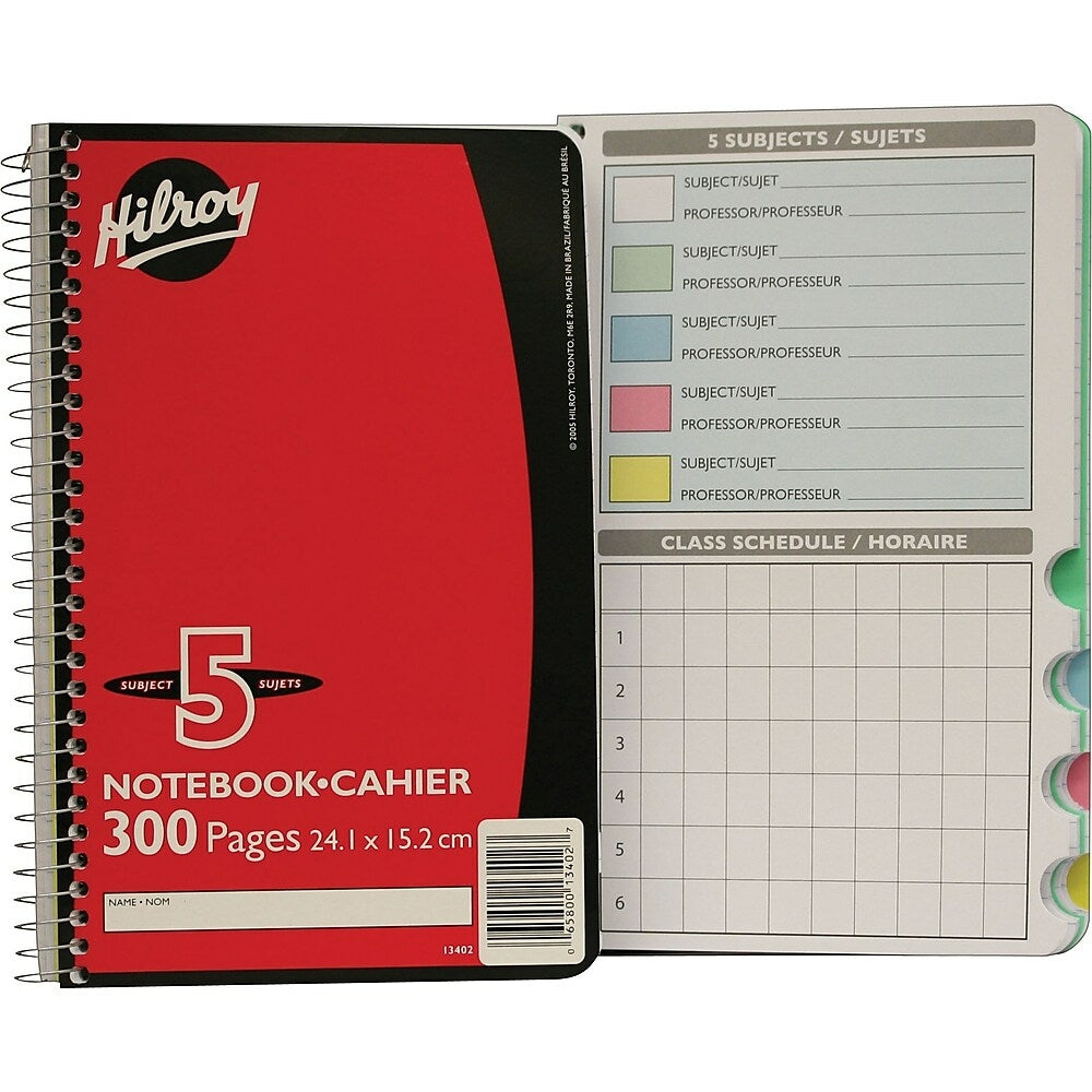 Cahier Hilroy 5 sujets avec onglets, 9-1/2" x 6", couleurs assorties, 300 pages