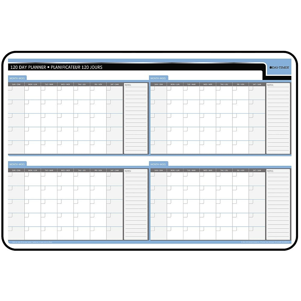 Day-Timer Undated Hardboard Erasable 120-Day Wall Planner - 24" x 36" - Bilingual