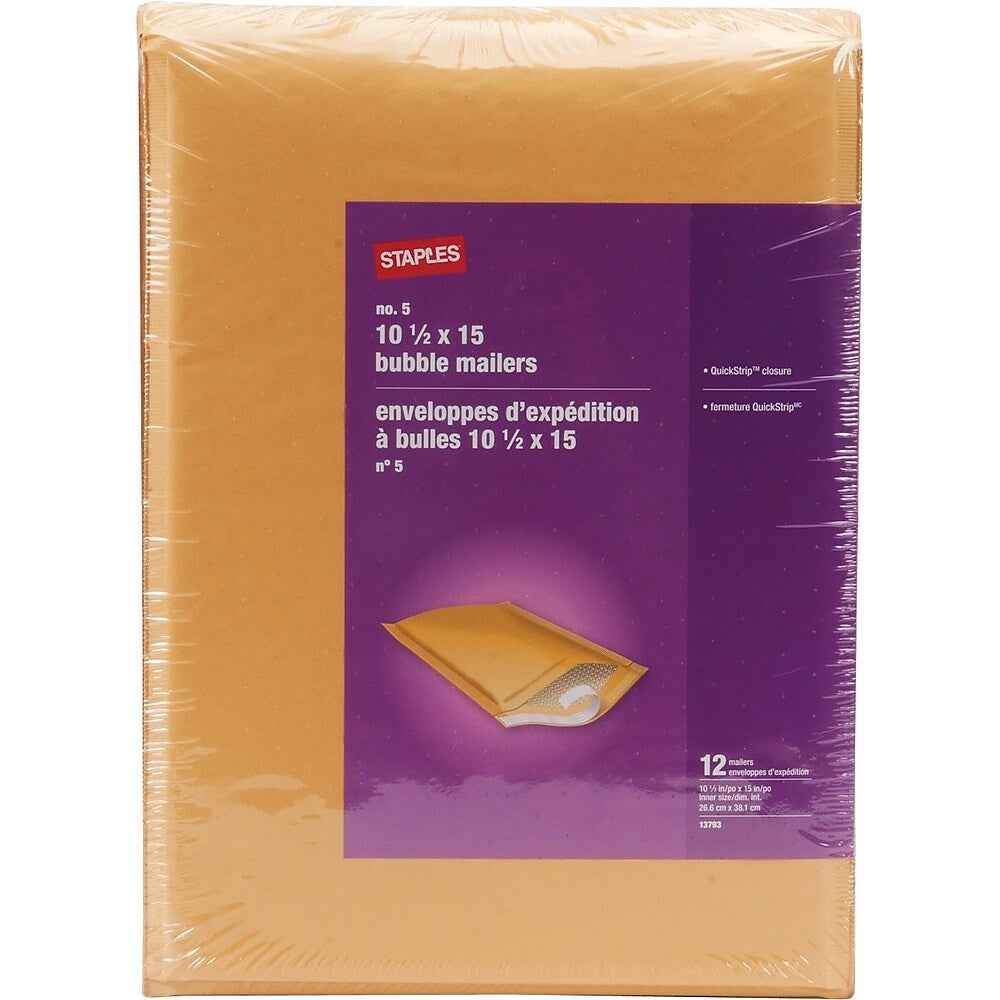 Enveloppe à bulles Staples n° 5 avec rabat QuickStrip - 10-1/2" x 15" - Kraft brun - Paquet de 12