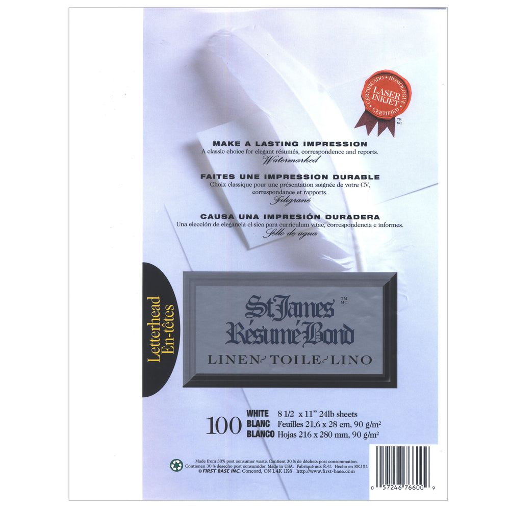 St. James Specialty Papers Linen Bond, Letter Size, White, 100 Pack