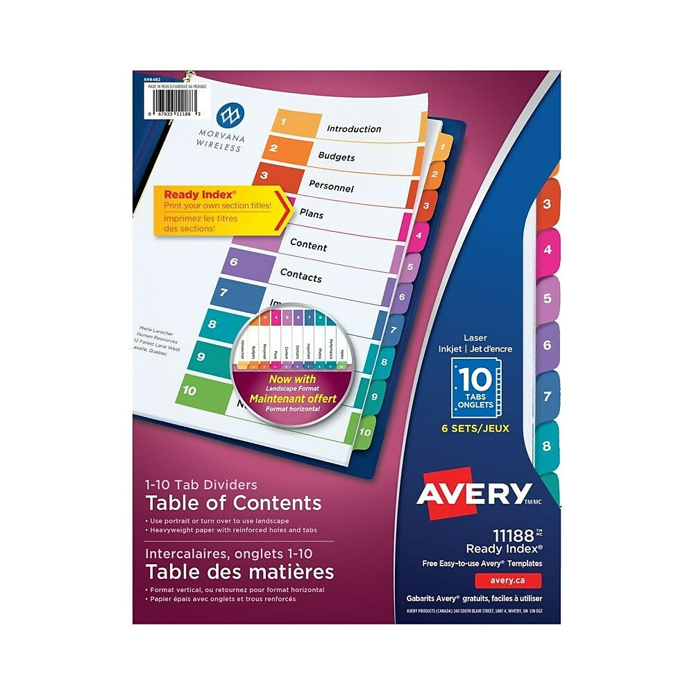 Intercalaires Avery Ready Index pour imprimantes laser et jet d'encre, 10 onglets, 6 jeux, multicolores (11188)