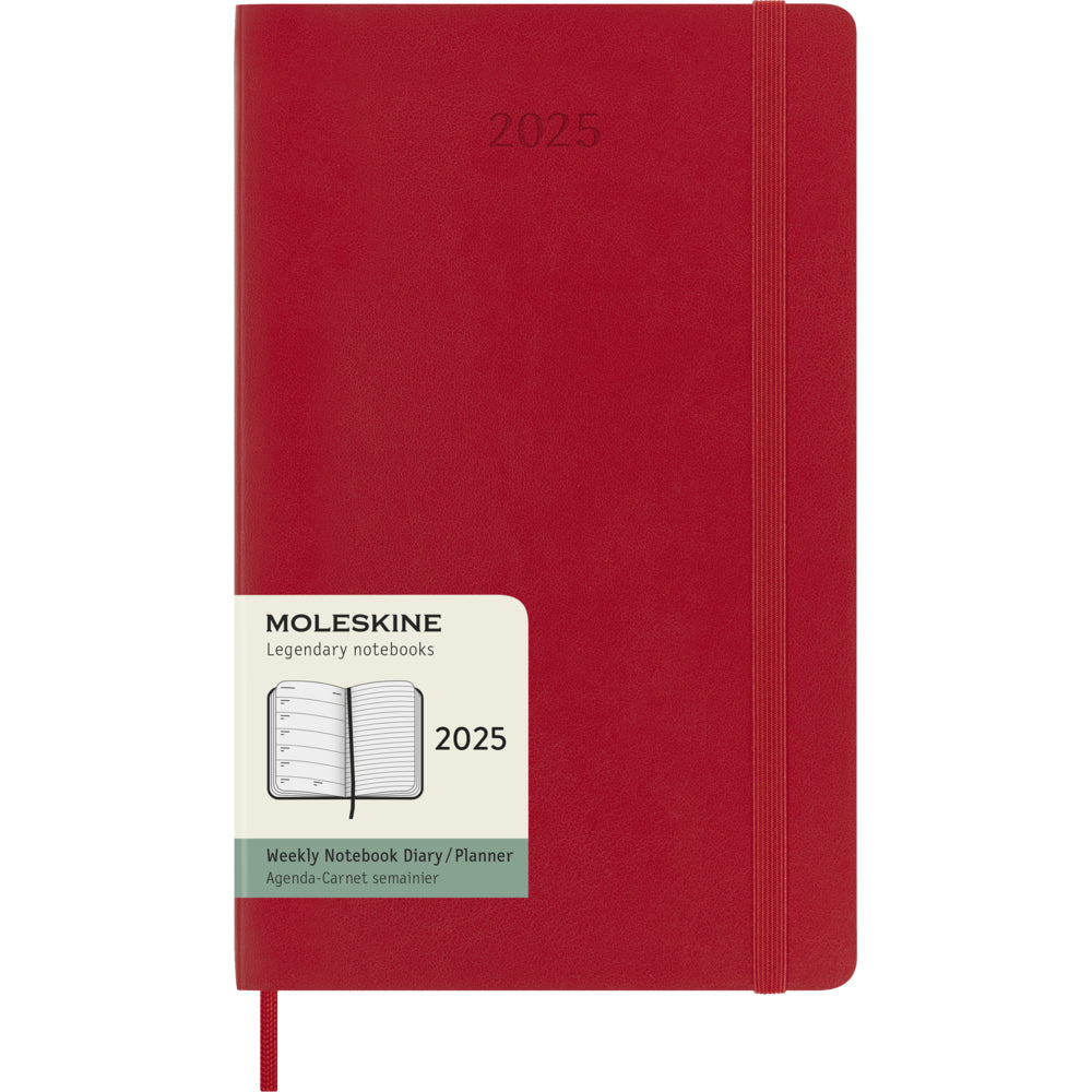 Agenda semainier Moleskine 2025 à couverture souple, grand format, 12,7 x 21 cm, rouge écarlate