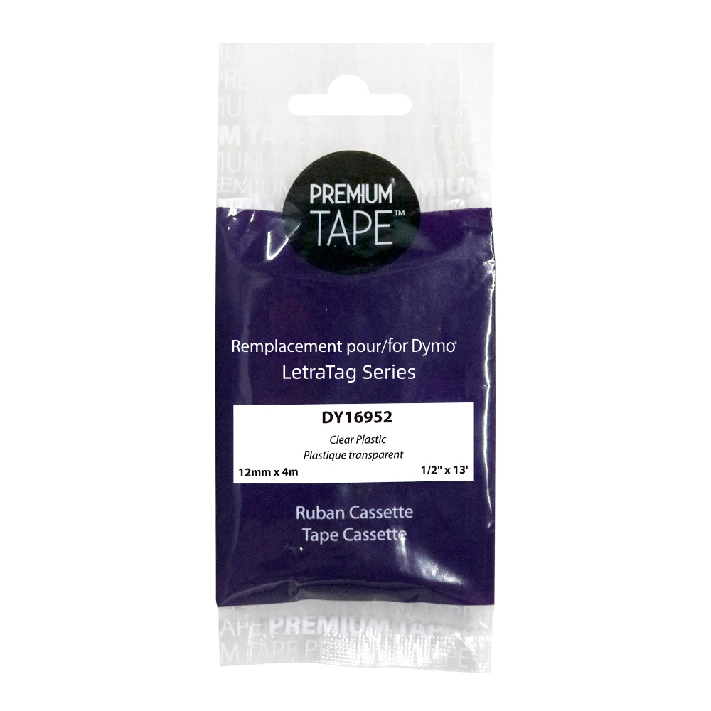 Premium Tape Label Tape - Compatible with Dymo A16952 - Plastic - 12mm - Black on Clear