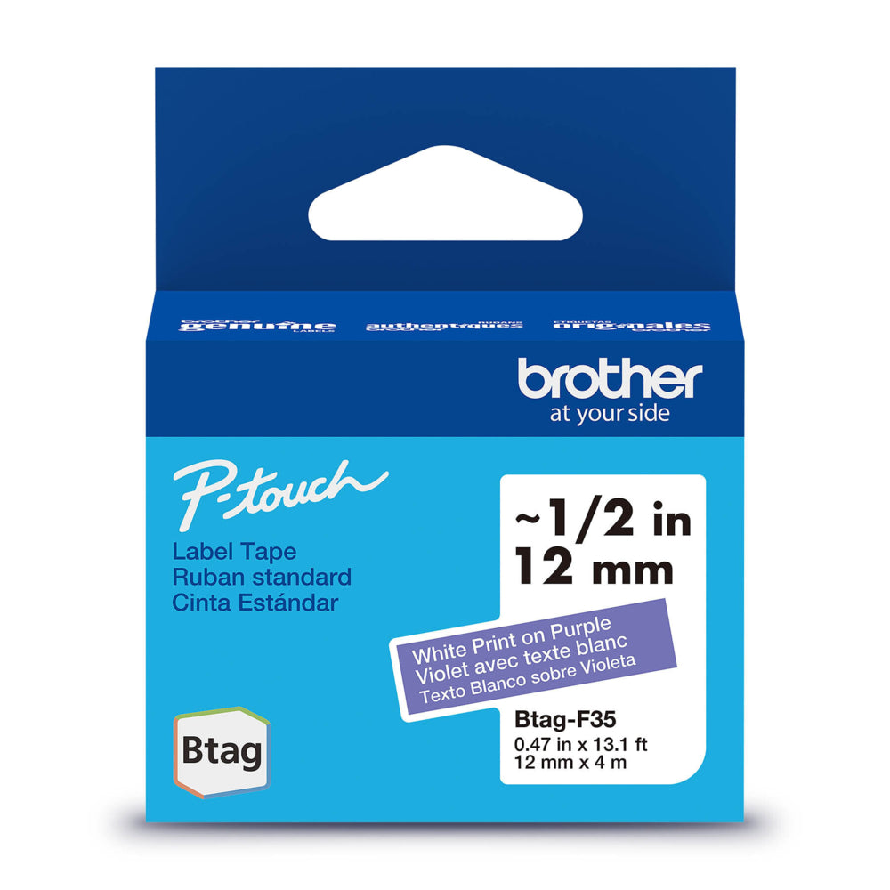Ruban d'étiquettes Brother BTAGF35 d'origine pour étiqueteuses P-touch - Blanc sur violet - 12 mm l x 4 m L