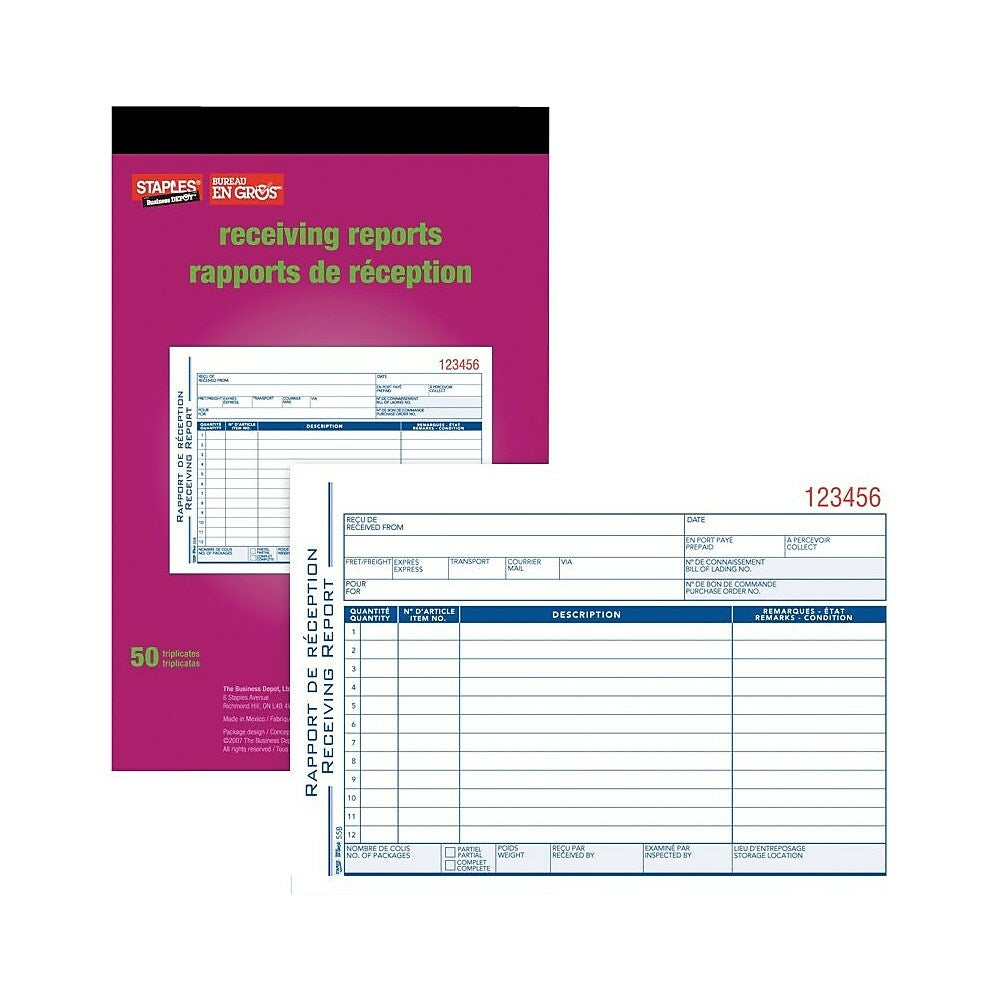 Staples Bilingual Receiving Report Forms - 50 Triplicates