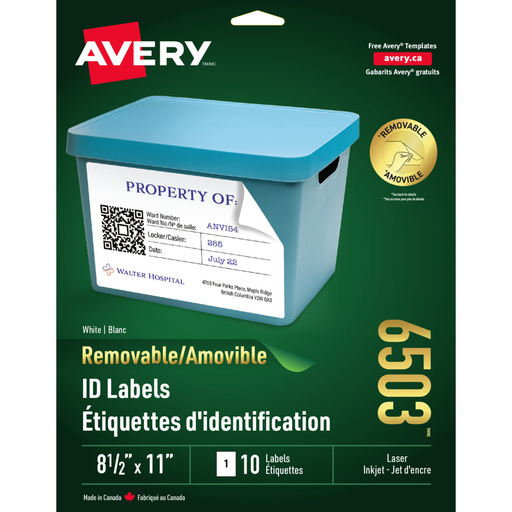 Étiquettes amovibles blanches Avery pour imprimantes laser/jet d'encre, 8-1/2" x 11", paquet de 10 (06503)
