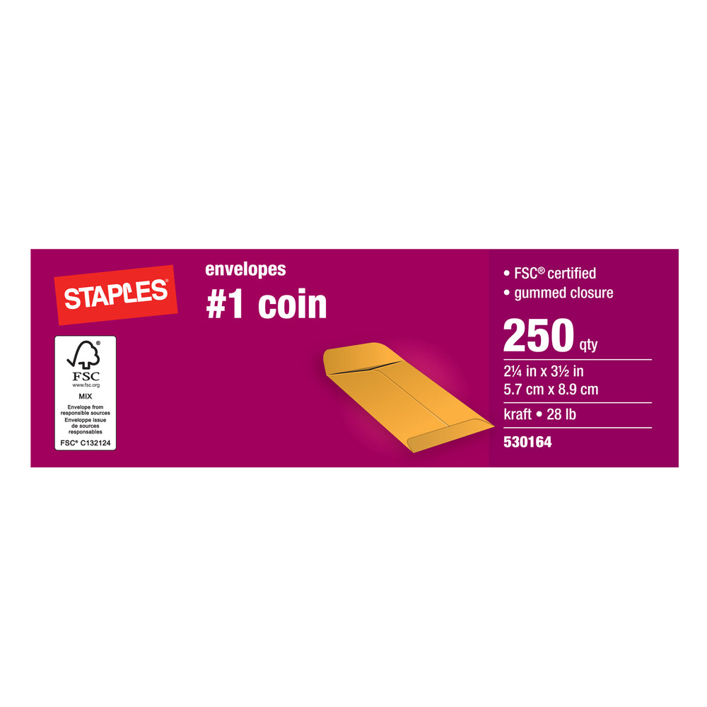 Staples #1 Kraft Coin Envelopes with Gummed Flaps - 2-1/4" x 3-1/2" - Brown - 250 Pack