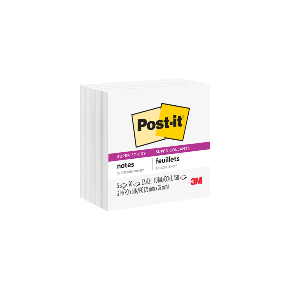 Notes Post-it Super Sticky - 3" x 3" - Blanc - 350 feuilles - Paquet de 5