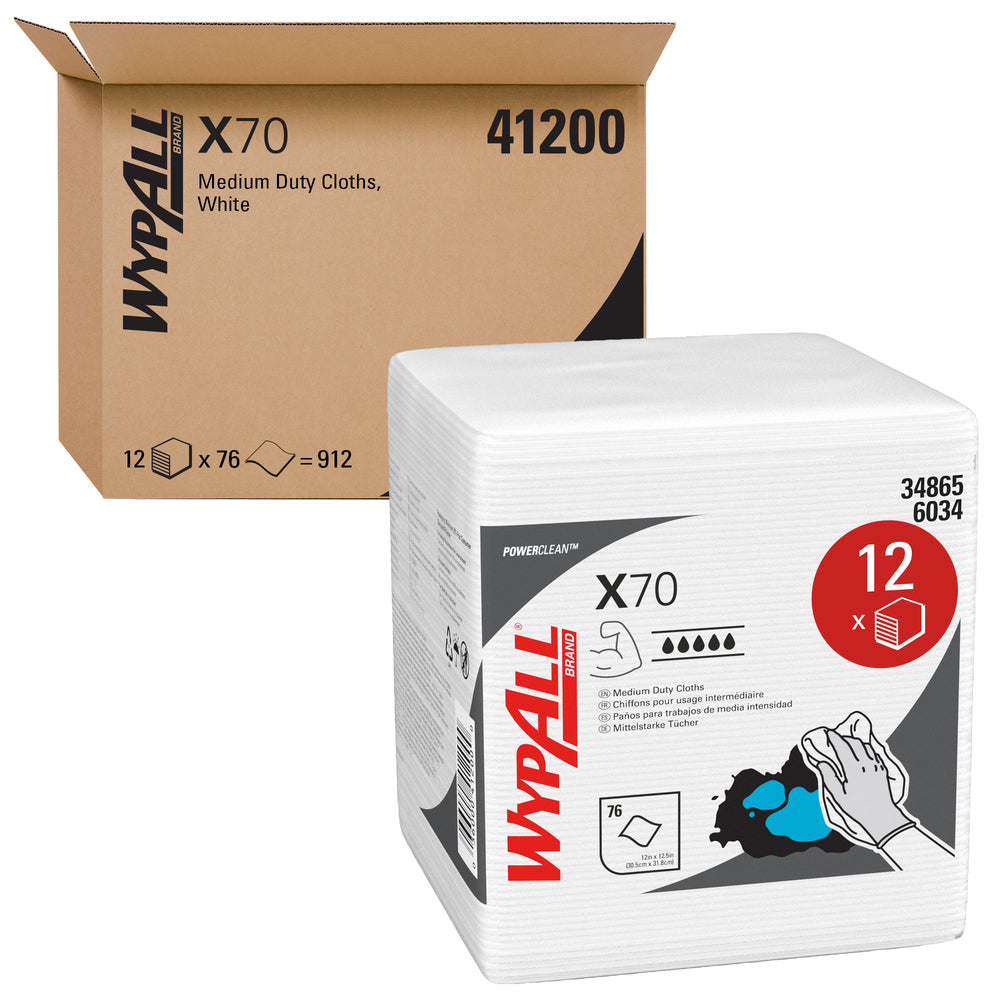 Chiffons WypAll Power Clean X70 pour travaux moyens (41200) - Plié en quatre - Performance longue durée - Blanc - 12 paquets de 76 feuilles