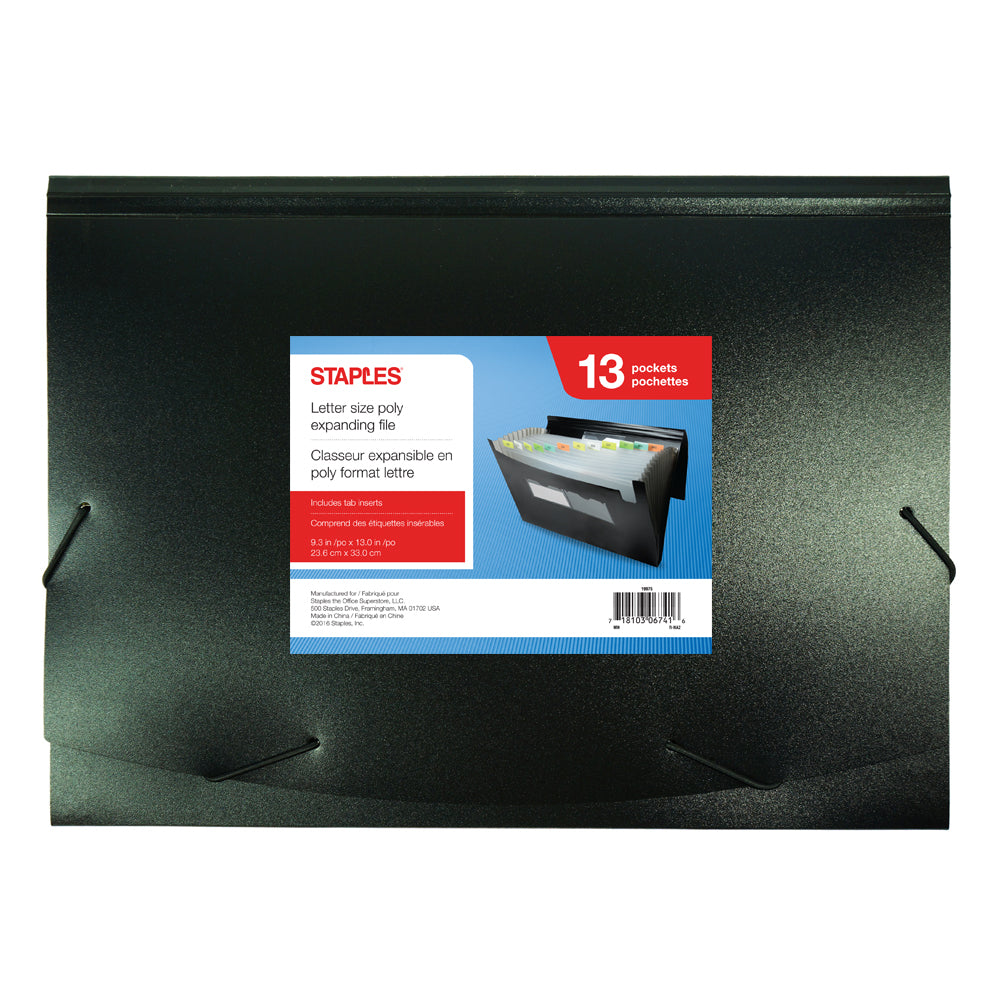 Classeur extensible Staples Poly - 13 pochettes - Format lettre - Noir