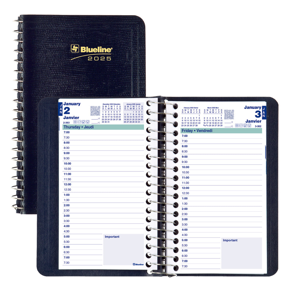 Blueline 2025 Daily Planner Spiral Binding - Soft Lizard-Like Cover - 6" x 3-1/2" - Blue - Bilingual