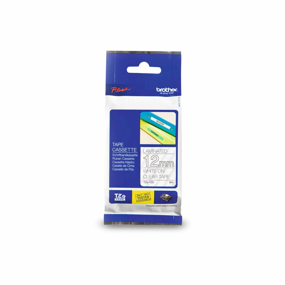 Ruban laminé Brother authentique pour étiqueteuses P-touch - 12 mm - Impression blanche sur étiquette transparente