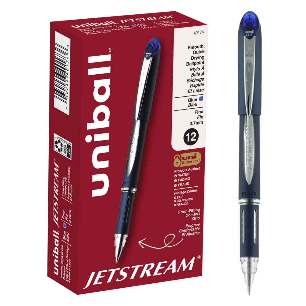 Stylo à bille Uniball Jetstream Stick - Pointe fine - 0,7 mm - Encre bleue - Lot de 12
