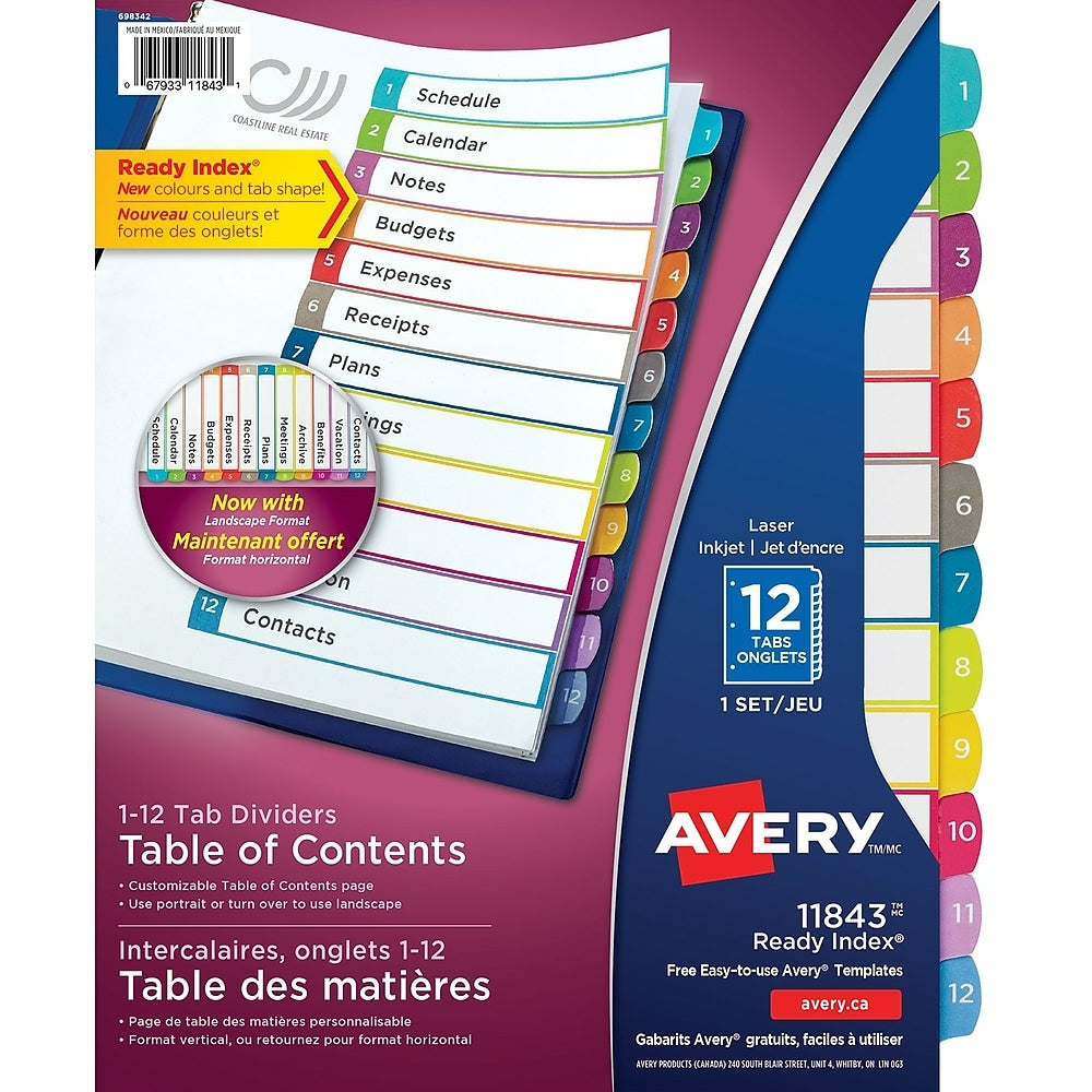 Intercalaires Avery Ready Index 1-12 pour imprimantes laser et jet d'encre - 12 onglets - Multicolore
