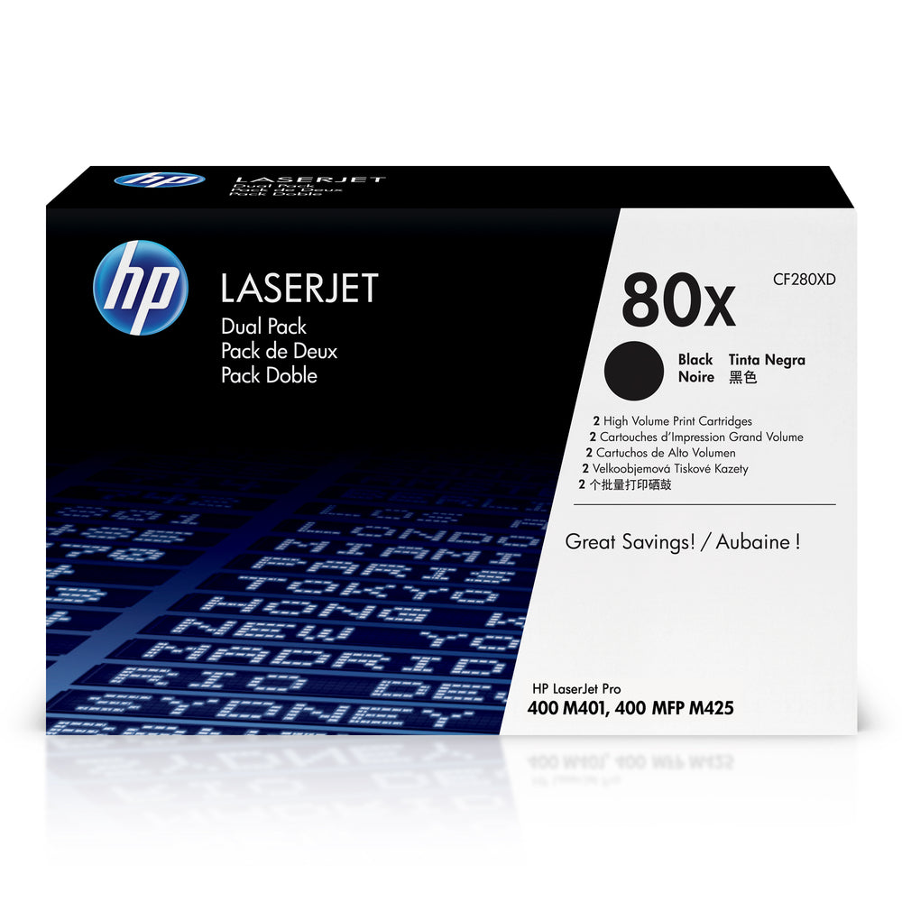 Cartouches de toner HP 80X (CF280XD) noir LaserJet d'origine à haut rendement, lot de 2