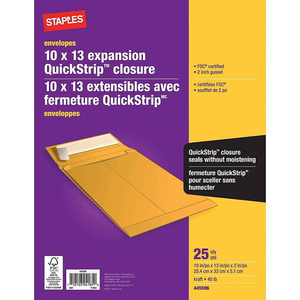 Enveloppes Kraft Staples Quickstrip - 10" x 13" x 2" - Paquet de 25