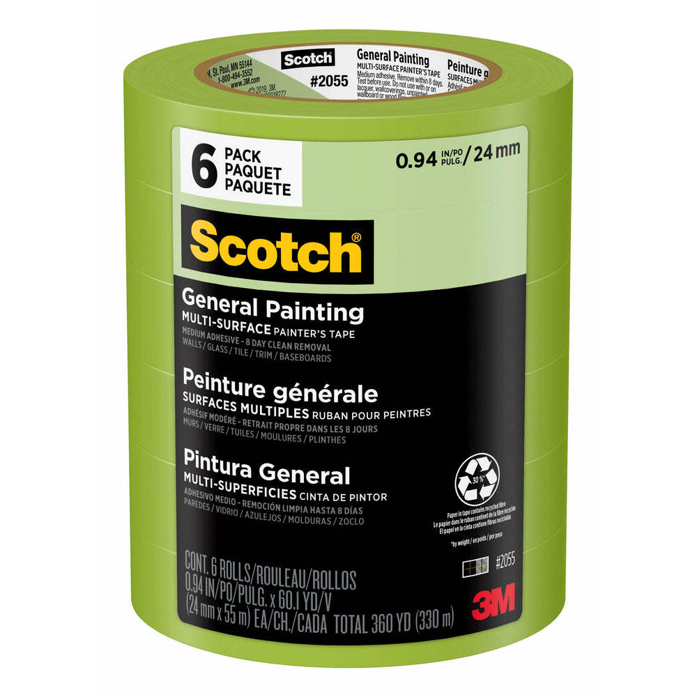 Ruban de peintre multi-surfaces Scotch General Painting – 24 mm de large x 55 m de long (0,94 po de large x 60,1 vg de long) – Paquet de 6