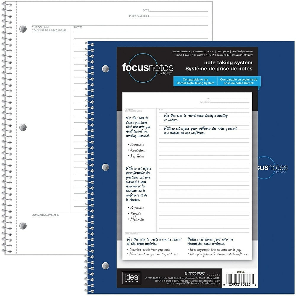 Tops FocusNotes Notebook, 11" x 9", White, 100 Pages, Bilingual