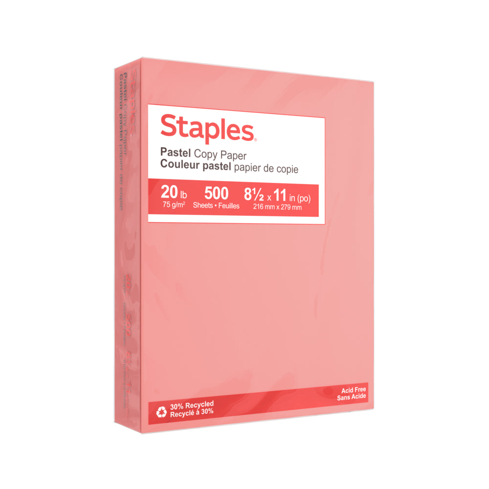 Staples 30% Recycled Pastel Coloured Copy Paper - Letter - 8-1/2" x 11" - Salmon - 500 Sheets