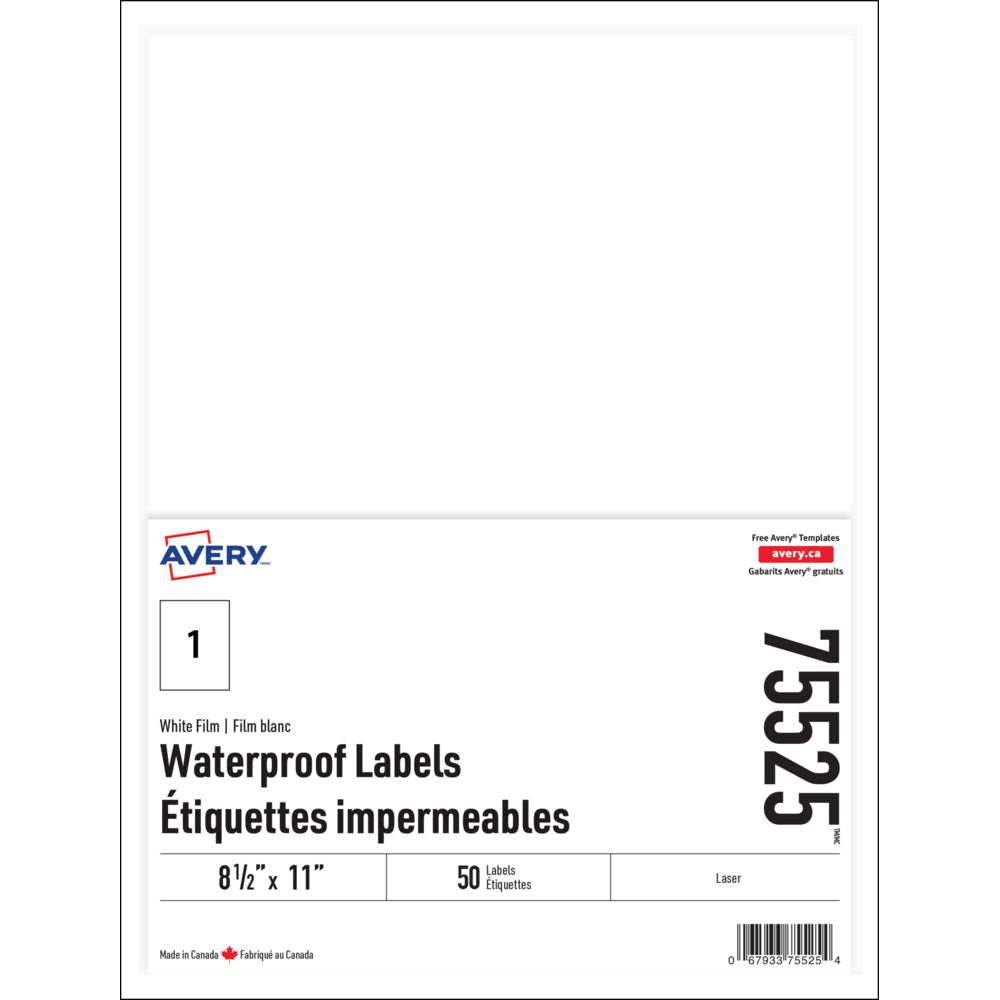 Étiquettes imperméables Avery - 8,5" x 11" - Paquet de 50