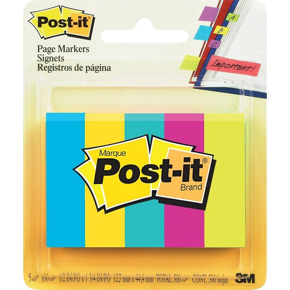 Marque-pages Post-it, couleurs assorties, 1/2" x 2", 50/bloc, 5/paquet
