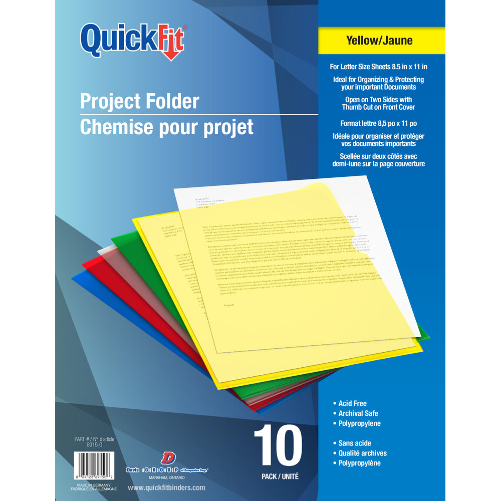 QuickFit Polypropylene Project Folders - Letter Size - Yellow - 10 Pack